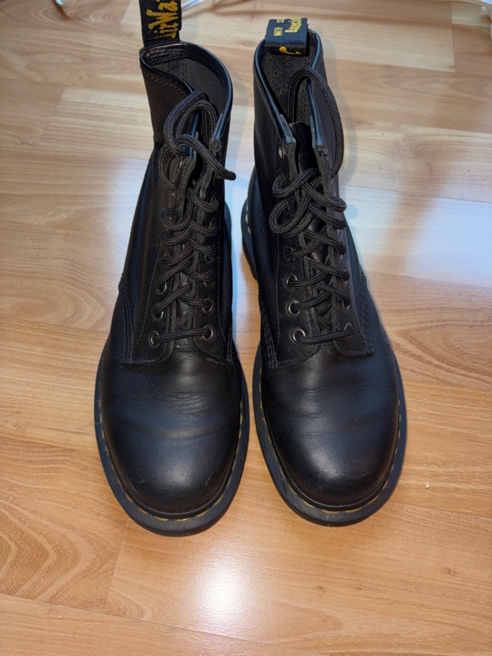 Dr. Martens Black Leather Lace-Up Combat Boots with Yellow Stitching